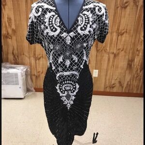 Laurence Kazar Black and White Beaded Midi Dress